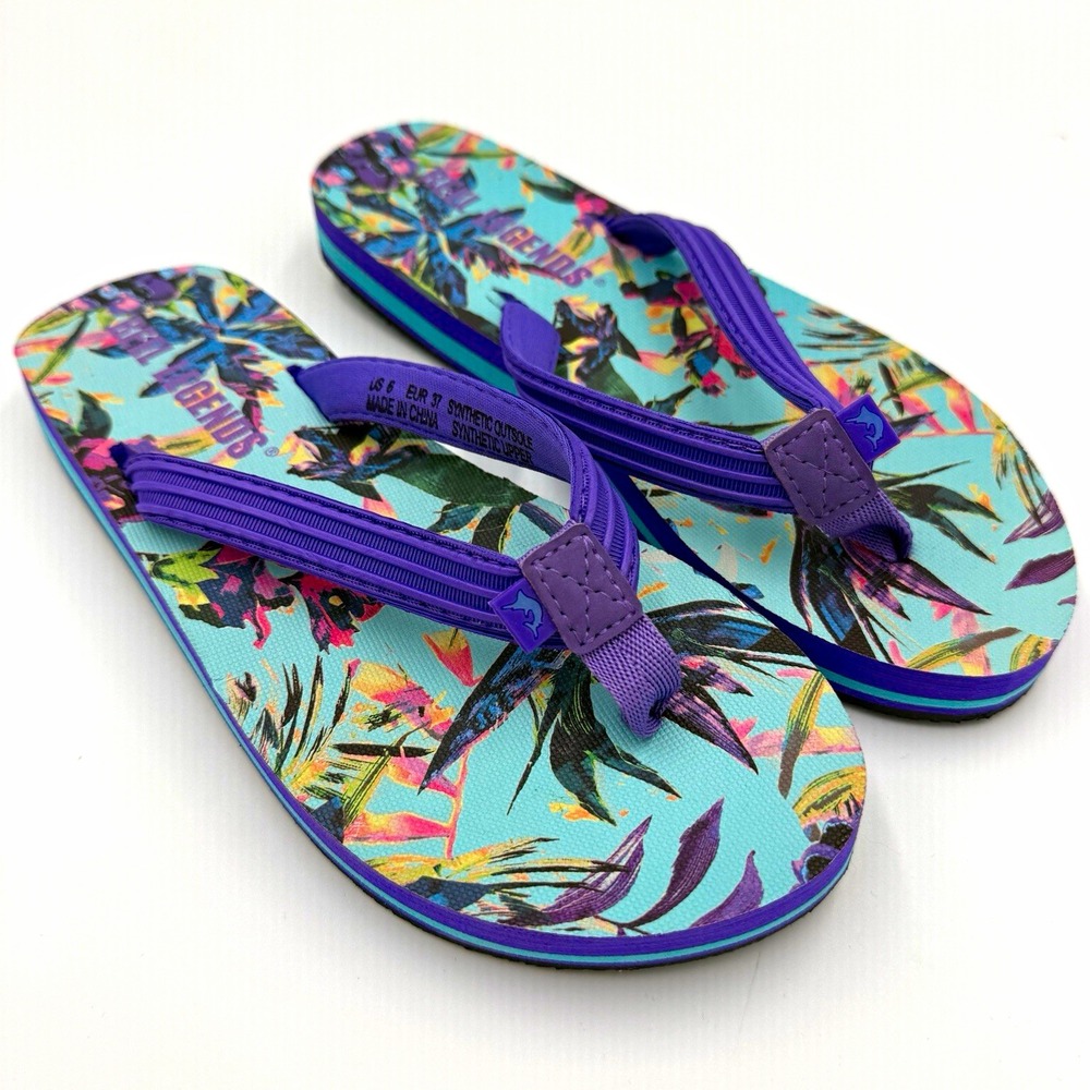 Reel Legends Womens Floral Thong Flip Flop Sandals Slip On Purple Multi US6